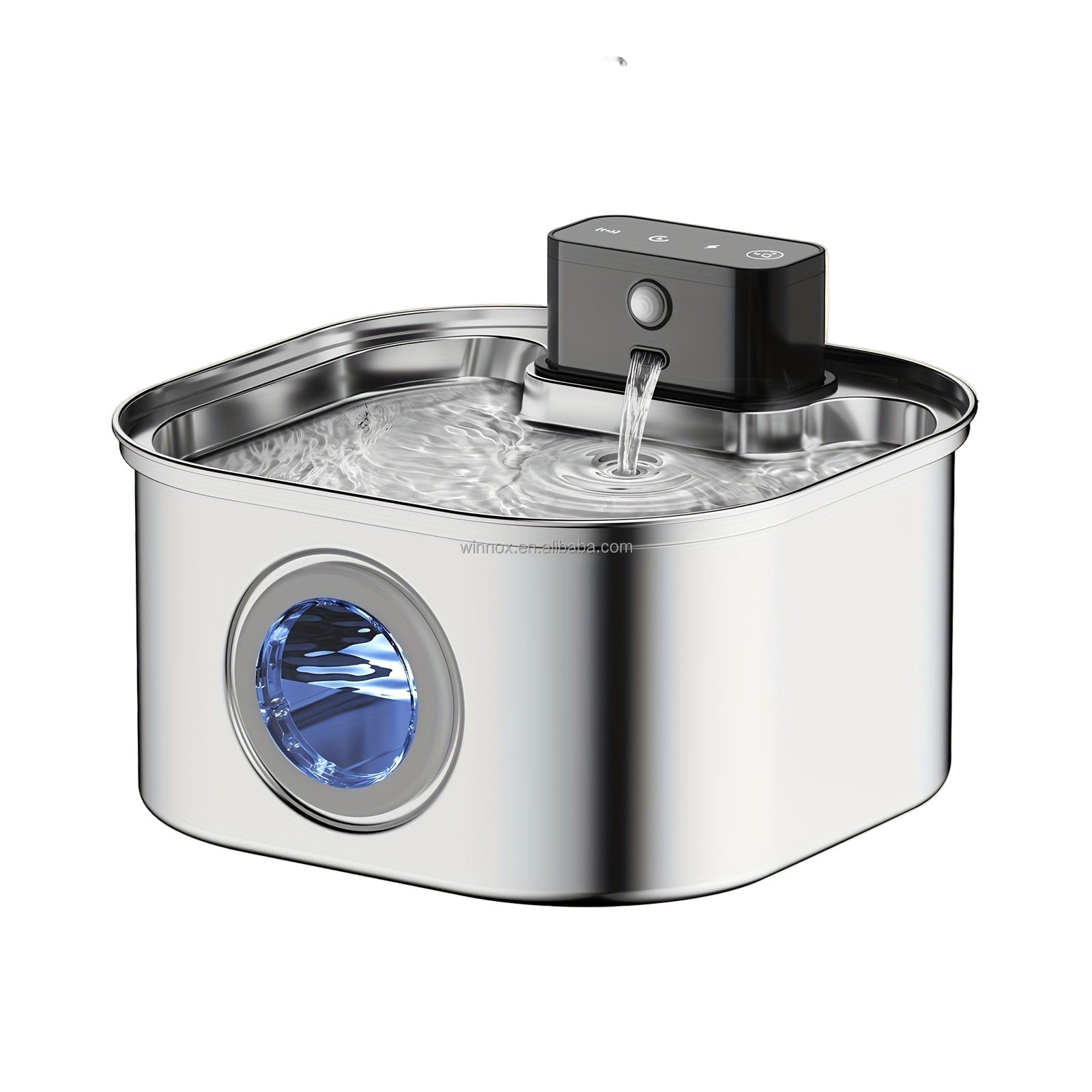 Fontaine à eau en acier inoxydable pour Chats avec éclairage LED bleu et distributeur d’eau en hauteur